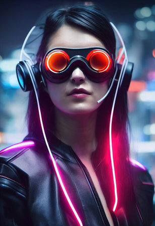 A fictional person, not based on a real person. A portrait of a sci-fi cyberpunk girl wearing cyberpunk glasses. High-tech futuristic woman from the future. The concept of cyberpunk. 3D render.の素材