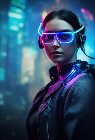Realistic portrait of a sci-fi cyberpunk girl. High-tech futuristic woman from the future. The concept of virtual reality and cyberpunk. 3D render.の素材