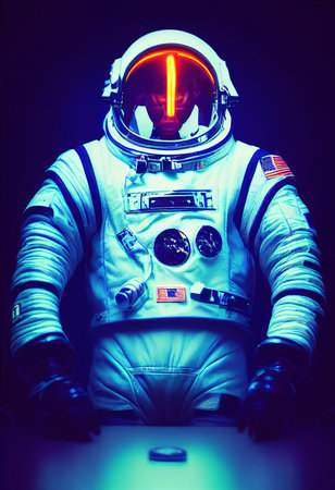 Portrait of an fictional astronaut in neon light in a spacesuit. High-tech astronaut from the future. The concept of space travel. 3D renderingの素材