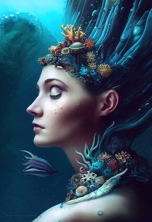 Abstract portrait of a girl. Fashionable nautical drawn woman. Creative beautiful girl. 3D renderの素材