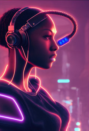 A fictional portrait of a ebony girl wearing a cyberpunk headset and cyberpunk gear. High-tech futuristic man from the future. The concept of virtual reality and cyberpunk. 3D renderの素材