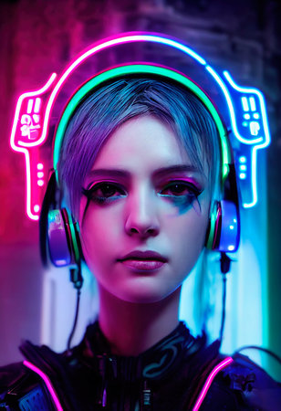 Fictional portrait of a sci-fi cyberpunk girl. High-tech futuristic woman from the future. The concept of virtual reality and cyberpunk. 3D render.の素材
