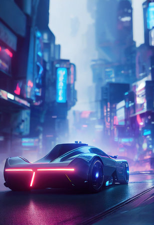 Image of a futuristic car against the backdrop of the city of the future. Concept of the car of the future. 3D renderingの素材