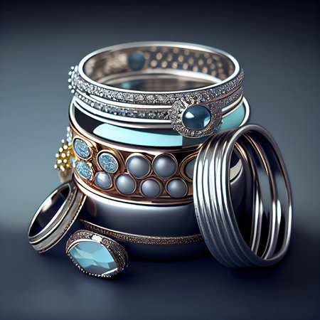 Gemstones, rings, earrings and bracelets. Jewelry and accessories for the fashionable woman. Generative AI Artの素材