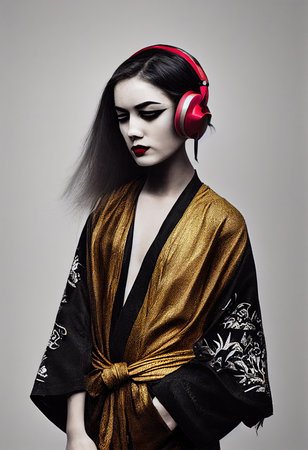 A fictional person, not based on a real person. A young beautiful geisha in a kimono and headphones. Portrait of a beautiful geisha in a black and gold kimono. 3D rendering.の素材