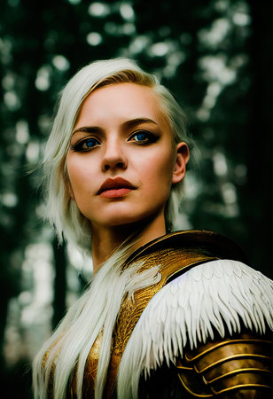 A fictional person, not based on a real person. Portrait of an ancient female warrior in ancient warrior armor. The concept of an ancient brave warrior. 3D render.の素材