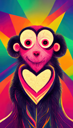 Abstract surrealistic animal in love. Lots of colorful flowers, pink hearts, rainbows and multicolored smoke. Colorful wonderful dream abstraction.の素材