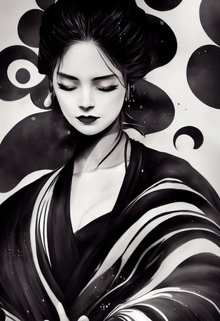 A fictional person, not based on a real person. Abstract colorful portrait of a pretty geisha with beautiful makeup and flowers. Fashionable cute woman. Creative beautiful girl. 3d renderingの素材