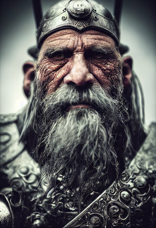 Portrait of an ancient warrior with a beard and in winter clothing. Concept of an ancient brave warrior. 3D render.の素材