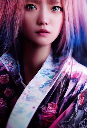 A fictional person, not based on a real person. Abstract portrait of a beautiful fictional girl. Fashionable cute woman. Creative beautiful girl. Generative AIの素材