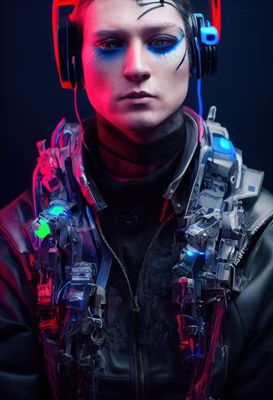 Realistic portrait of a sci-fi cyberpunk men in a cyber suit. High-tech futuristic man from the future. The concept of virtual reality and cyberpunk. 3D render.の素材