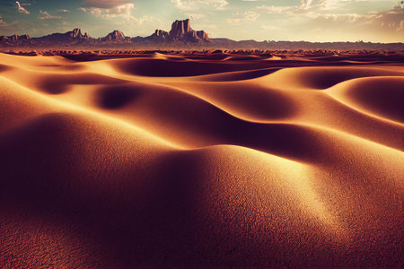 The arid landscape of the hot Sahara Desert. Sand with dunes. The nature of the hot desert. 3D renderの素材
