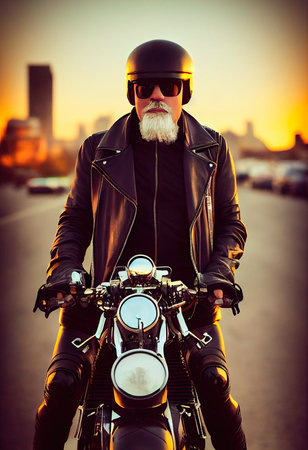 A fictional person, not based on a real person. Handsome, bearded, brutal biker in a black leather jacket against the road. 3d renderingの素材