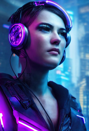 Realistic portrait of a fictional punk girl with headphones and black hair. Hipster girl with punk hair. 3D renderの素材