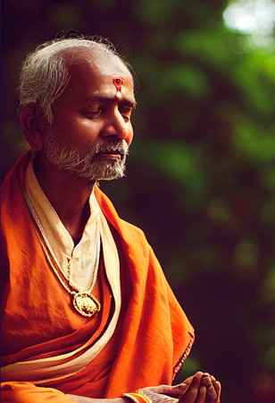 An old Buddhist monk dressed as a monk. Meditating Buddhist monk. Portrait of an ancient wise elder. 3D renderの素材