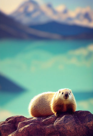 Alpine marmot resting on rocks in the sun. Groundhog in nature. 3d renderingの素材