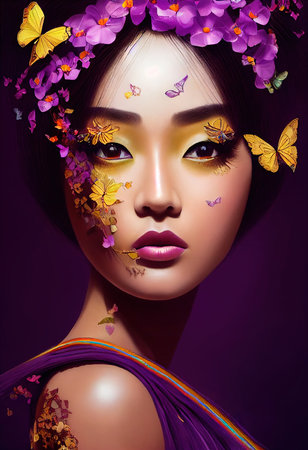 Abstract colorful portrait of a beautiful girl with butterflies. Fashionable cute woman. Creative beautiful girl. 3d renderingの素材