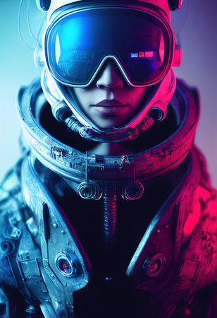 Portrait of a fictional futuristic female pilot in an aviation helmet and pilots suit, against a background of neon lights. 3d renderingの素材