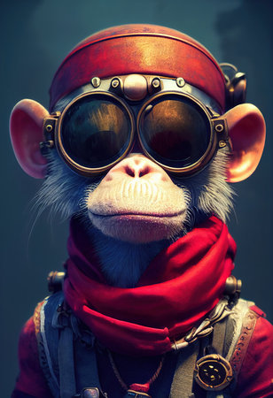 Portrait of a brutal monkey pirate. Medieval pirate monkey in a vintage costume against a forest background. 3D rendering.の素材