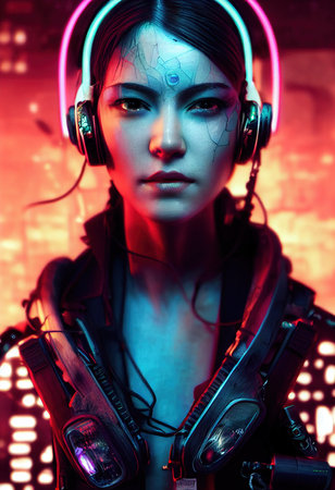 Realistic portrait of a fictional girl with headphones. A modern girl with a cyber headset. 3D renderingの素材