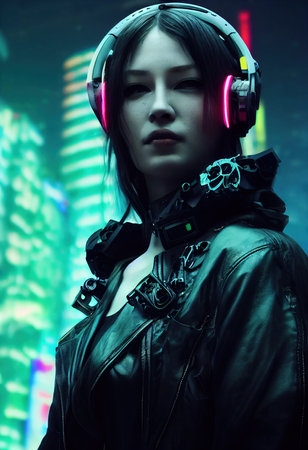 Fictional portrait of a sci-fi cyberpunk girl. High-tech futuristic woman from the future. The concept of virtual reality and cyberpunk. 3D render.の素材