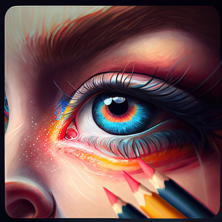 Fantasy eye with beautiful makeup close-up. The eye of a fashionable woman with bright colors. Generative AI Art.の素材