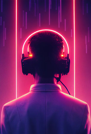 Realistic portrait of a sci-fi cyberpunk men in a cyber suit. High-tech futuristic man from the future. The concept of virtual reality and cyberpunk. 3D render.の素材