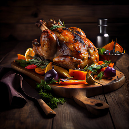 Christmas delicious juicy turkey. Holiday traditional dishes for Christmas or Thanksgiving. Generative AI.の素材