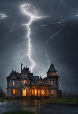 Mystical and spooky castle in the darkness and lightning flashes. An ancient historical castle. 3D rendering.の素材