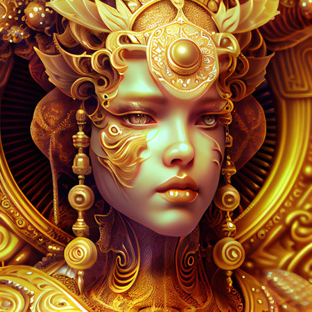 Fantastic golden woman. Stylized colored female golden body. 3D rendering.の素材