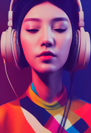 A fictional portrait of a creative Asian beauty wearing fancy headphones. 3d renderingの素材