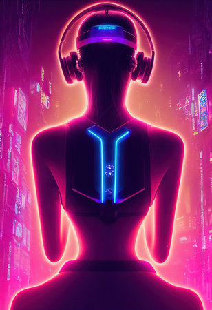 Fictional portrait of a sci-fi cyberpunk girl. High-tech futuristic woman from the future. The concept of virtual reality and cyberpunk. 3D render.の素材