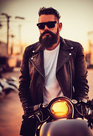 A fictional person, not based on a real person. Handsome, bearded, brutal biker in a black leather jacket against the road. 3d renderingの素材
