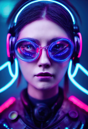 Realistic portrait of a sci-fi cyberpunk girl. High-tech futuristic woman from the future. The concept of virtual reality and cyberpunk. 3D render.の素材