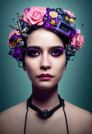 Abstract colorful portrait of a beautiful girl with flowers. Fashionable cute woman. Creative beautiful girl. 3d renderingの素材