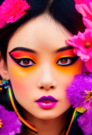 A fictional person, not based on a real person. Abstract colorful portrait of a pretty geisha with beautiful makeup and butterflies. Fashionable cute woman. Creative beautiful girl. 3d renderingの素材