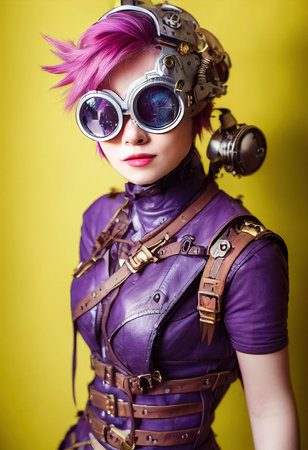 Portrait of a fictional beautiful steampunk girl with beautiful hair and steampunk glasses. 3D renderingの素材