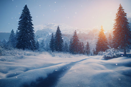 Winter snow-covered trees in the winter forest. Forest covered with snow at sunset. 3D renderingの素材