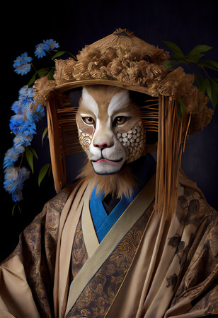 Portrait of an ancient samurai warrior lion in ancient warrior armor. The concept of the ancient brave warrior. Generative AI Artの素材