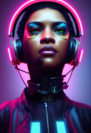 A fictional portrait of a ebony girl wearing a cyberpunk headset and cyberpunk gear. High-tech futuristic man from the future. The concept of virtual reality and cyberpunk. 3D renderの素材