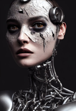 Portrait of a futuristic female robot. An artistic abstract steampunk fantasy. Concept of a modern robot. 3d renderingの素材