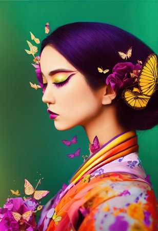 A fictional person, not based on a real person. Abstract colorful portrait of a pretty geisha with beautiful makeup and butterflies. Fashionable cute woman. Creative beautiful girl. 3d renderingの素材