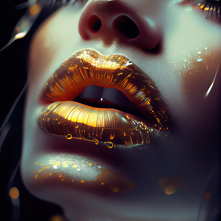Close-up of the glamorous lips of a beautiful girl. Sexy juicy lips. Part of the face of a young beautiful girl in close-up. Generative AI Art.の素材