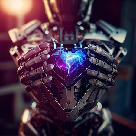 Portrait of a futuristic robot with a mechanical heart in his hands. An artistic abstract cyberpunk fantasy. The concept of the modern robot. Generative AI Artの素材