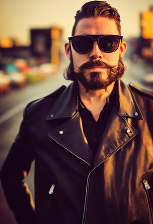 Handsome, bearded, brutal biker in a black leather jacket against the road. 3d renderingの素材