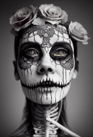 A horrible ancient skeleton with nightmarish makeup. 3D rendering.の素材