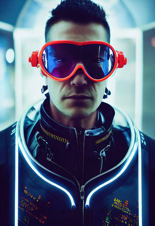 A fictional person, not based on a real person. Portrait of a sci-fi cyberpunk man. High-tech futuristic man from the future. The concept of virtual reality and cyberpunk. 3D render.の素材