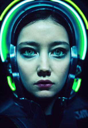 Realistic portrait of a sci-fi cyberpunk neon girl. High-tech futuristic woman from the future. The concept of virtual reality and cyberpunk. 3D render.の素材