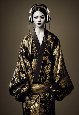 A fictional person, not based on a real person. A young beautiful geisha in a kimono and headphones. Portrait of a beautiful geisha in a black and gold kimono. 3D rendering.の素材