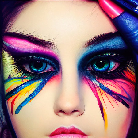A fictional person, not based on a real person. Eyes with beautiful makeup in close-up. Fashionable woman with bright colors. 3D rendering.の素材